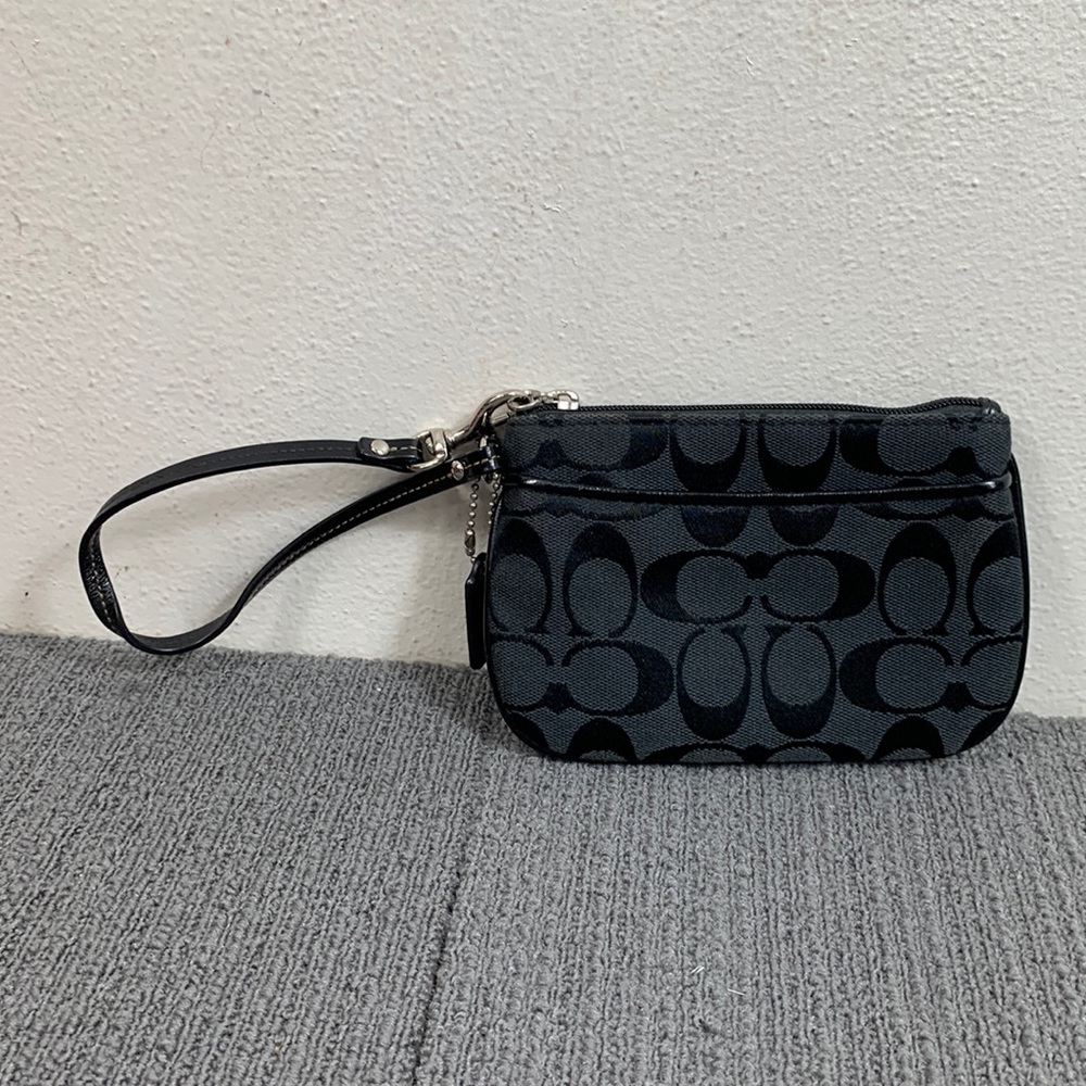 Coach Wristlet Wallet Womens Small Black Canvas Signature Clutch Purse Bag